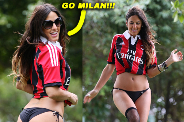 Claudia Romani playing football in an AC Milan jersey and thong