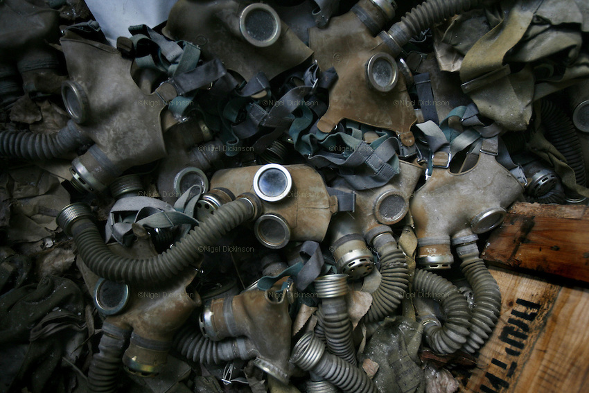 RADIOACTIVITY CHERNOBYL, Gas masks for children in School.Exclusion zone. Ukraine. Pripyat town. Evacuated in 3 hours shortly after the reactor fire. The town was buildt only 15 years before.